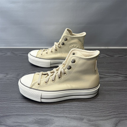 CONVERSE匡威 冬季All Star女子加绒高帮皮质厚底增高板鞋A11158C