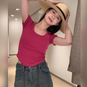 U领短款正肩螺纹净色T恤女春夏舒适打底上衣Q辣妹T