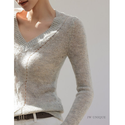 JWUNIQUE酒窝 银河星缕 绞花细金银丝闪闪V领修身针织衫春季上衣