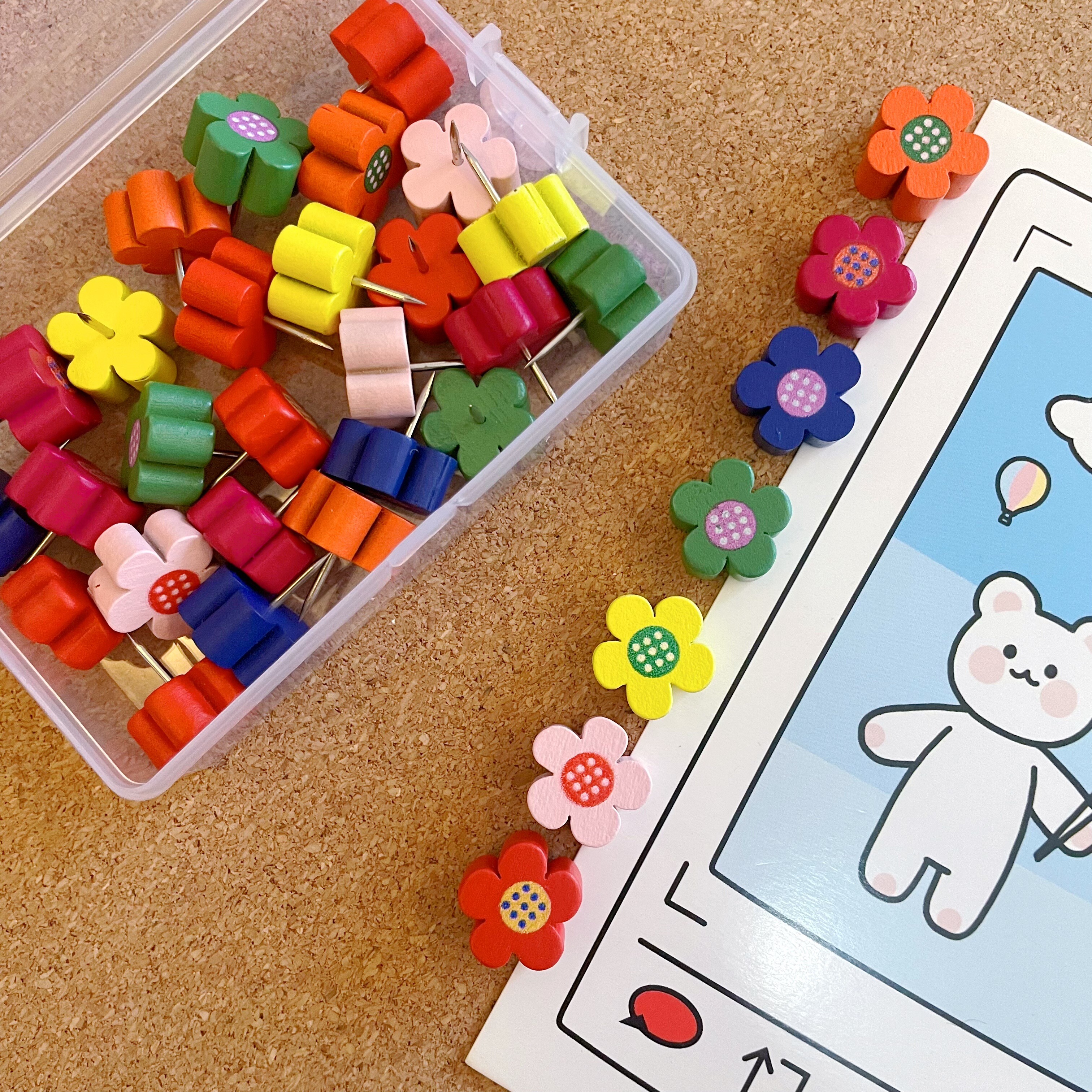 ins彩色花朵木质图钉原木梅花钉