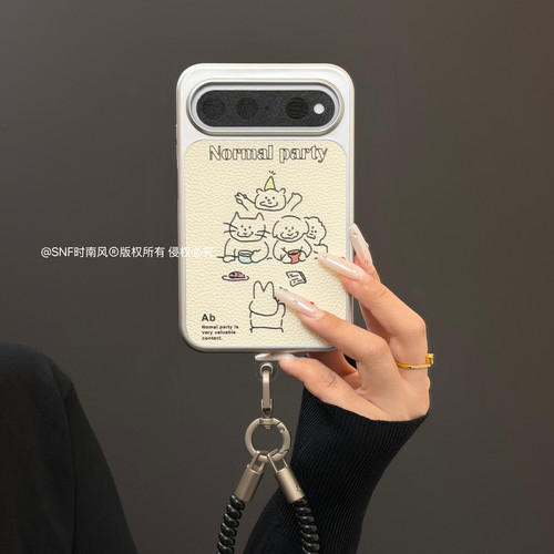 ins可爱动物聚会英文适用华为puraxview手机壳新款阔直板Pura X View防摔保护套全包边电镀银荔枝纹皮质手链
