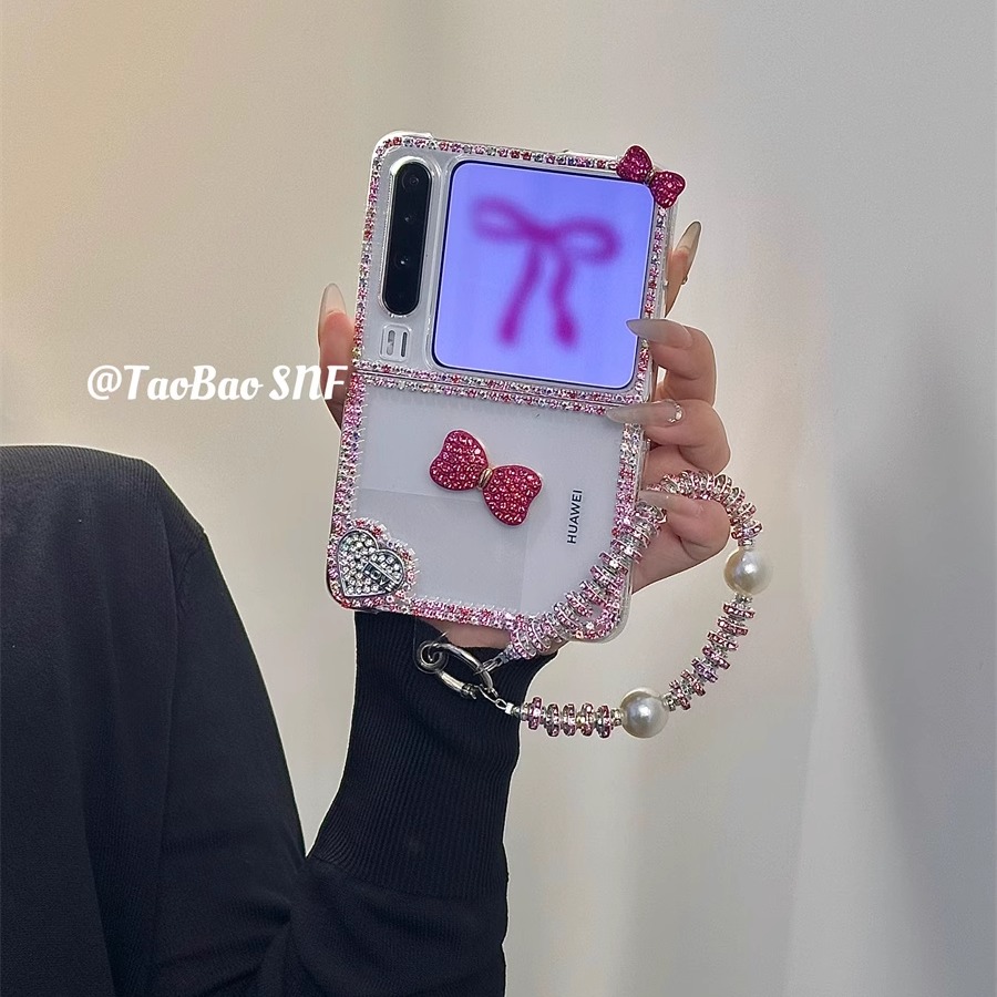 钻石红色蝴蝶结适用Pura X华为Pocket2手机壳小米MIXFlip2折叠FindN3Flip三星Zflip6/5手链novaFlip荣耀VFlip