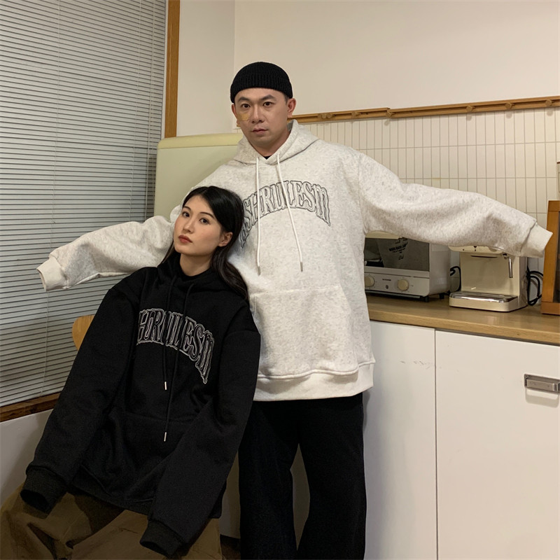 秋冬季欧美简约字母印花oversize连帽套头宽松加绒卫衣情侣装男女