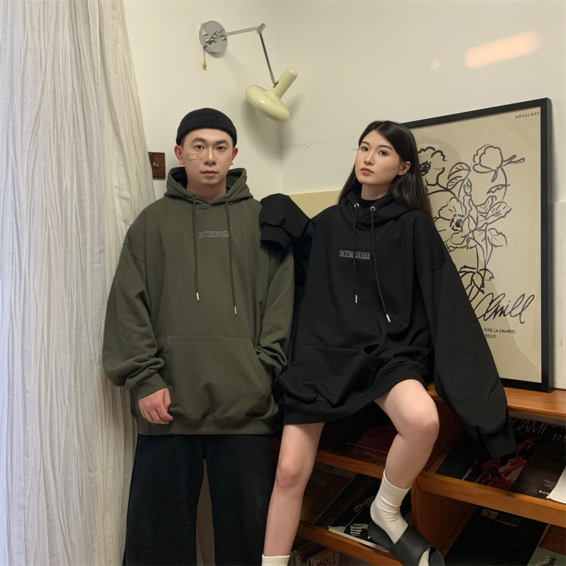 秋冬欧美潮流刺绣字母印花hiphop嘻哈宽松连帽套头卫衣情侣装男女