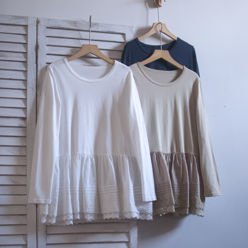 纯棉宽松显瘦蕾丝拼接长袖T恤