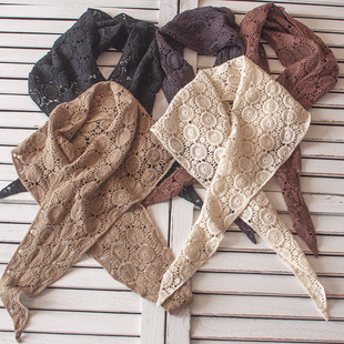 韩国文艺小清新棉线钩花镂空蕾丝围巾小方巾配饰巾秋装 花边 新款