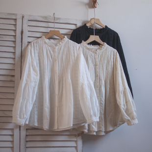 文艺范花边领风琴褶皱单排扣棉质衬衫 上衣 女复古提花休闲宽松小衫