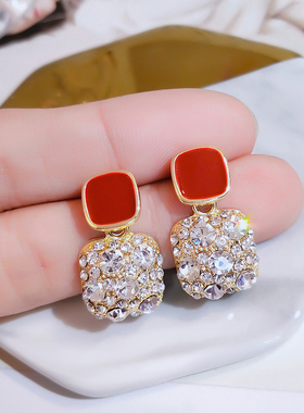 红色镶钻方形耳环2024年新款潮耳钉女纯银气质耳夹无耳洞秋冬耳饰