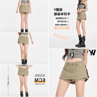 美式复古卡其色牛仔短裙女夏季低腰a字包臀工装裙裤小个子半身裙