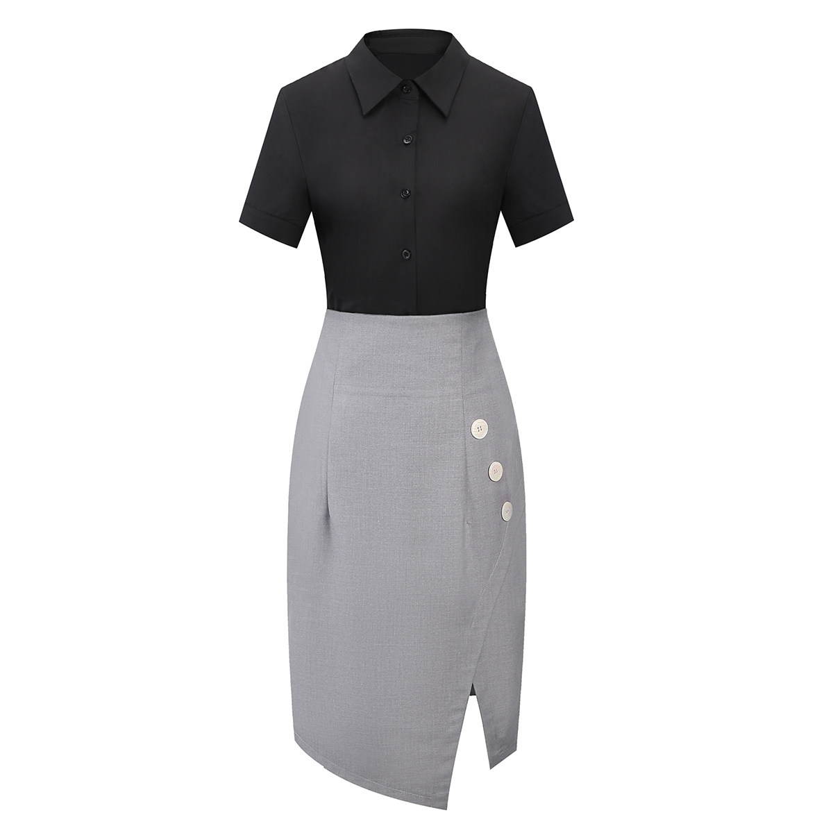OL BLACK SHORT SLEEVE SHIRT COMMUTER LADIES FORMAL PROFESSIONAL SUIT TWO-PIECE WHITE COLLAR MANAGER BEAUTY SALON WORK CLOTHES