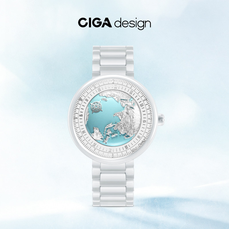 CIGA design玺佳探索系列艺术腕表蓝色星球冰川蓝陶瓷机械手表女
