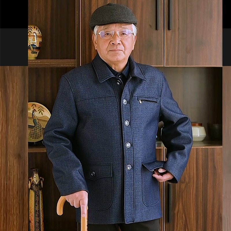 中老年男装爸爸春秋加绒外套老年人休闲纽扣夹克秋冬翻领老人春装