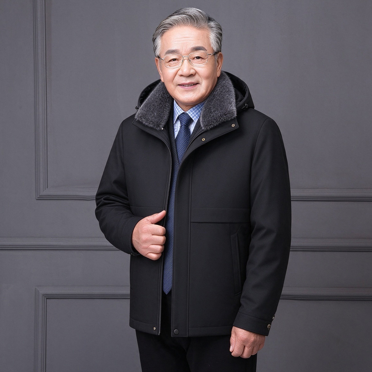 冬季加绒加厚中老年男棉衣可拆帽