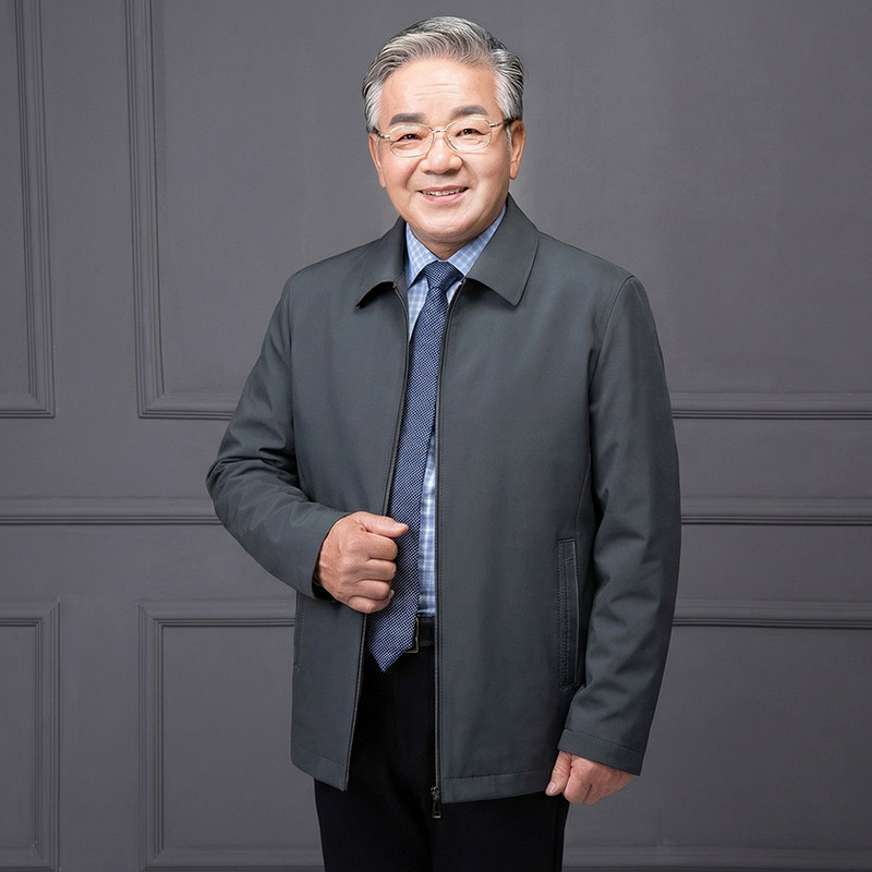 春秋茄克衫姥爷薄款上衣休闲外套中老年夹克衫男翻领夏季拉链夹克