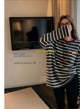 韩国东大门egg冬季新款条纹圆领T恤撞色磨毛牛角包中长款打底衫