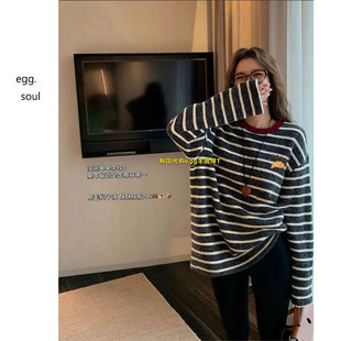 打底衫 条纹圆领T恤撞色磨毛牛角包中长款 新款 韩国东大门egg冬季