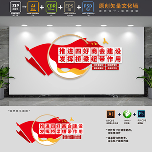 四好商会建设文化墙工商联党建联谊会标语背景墙AI+CDR+PSD设计稿