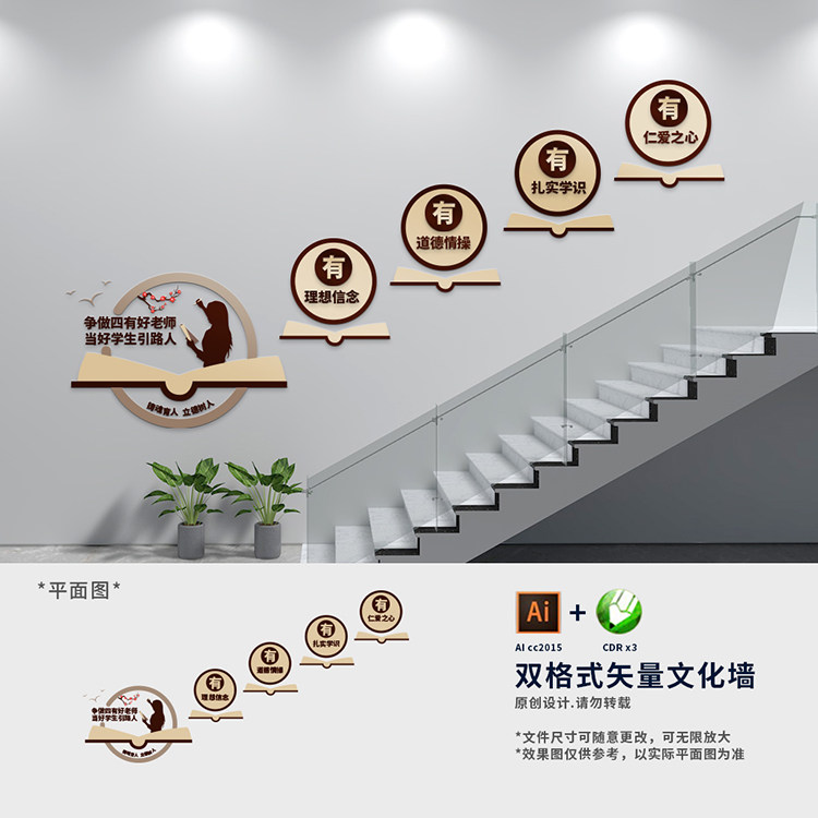 四有好老师学校楼梯楼道文化墙师德师风教学楼形象墙ai cdr设计稿