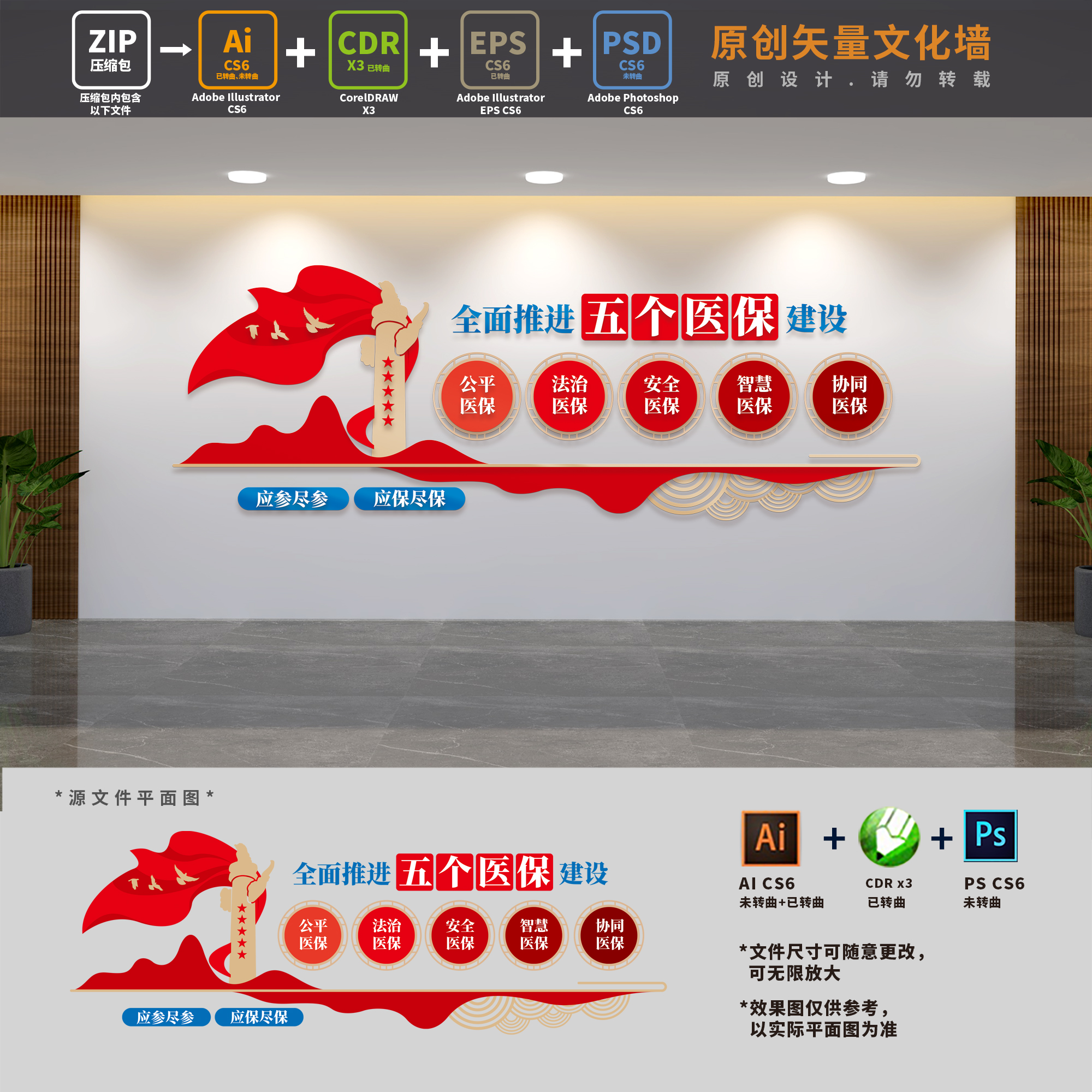 社会医疗保障局服务中心推进五个医保建设文化墙AI+CDR+PSD设计稿