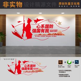 心系国防标语文化墙人武部民兵之家背景形象墙AI+CDR+PSD设计素材