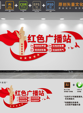 红色广播站文化墙党建直播间红色之声背景形象墙AI+CDR+PSD设计稿