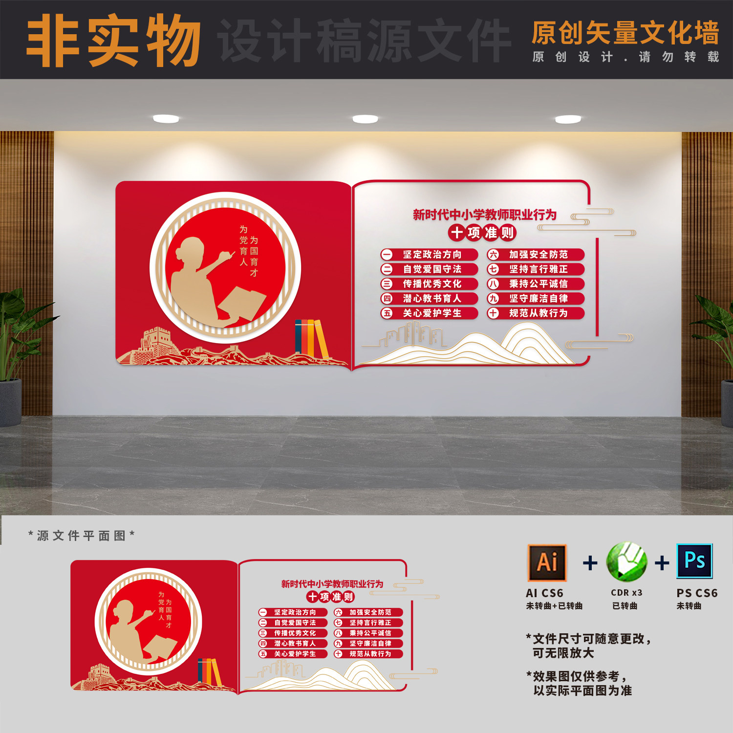 新时代中小学教师职业行为十项准则老师文化墙AI+CDR+PSD设计素材