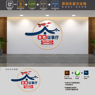 百姓议事厅群众说事室社区乡村居民议事会文化墙AI+CDR+PSD设计稿