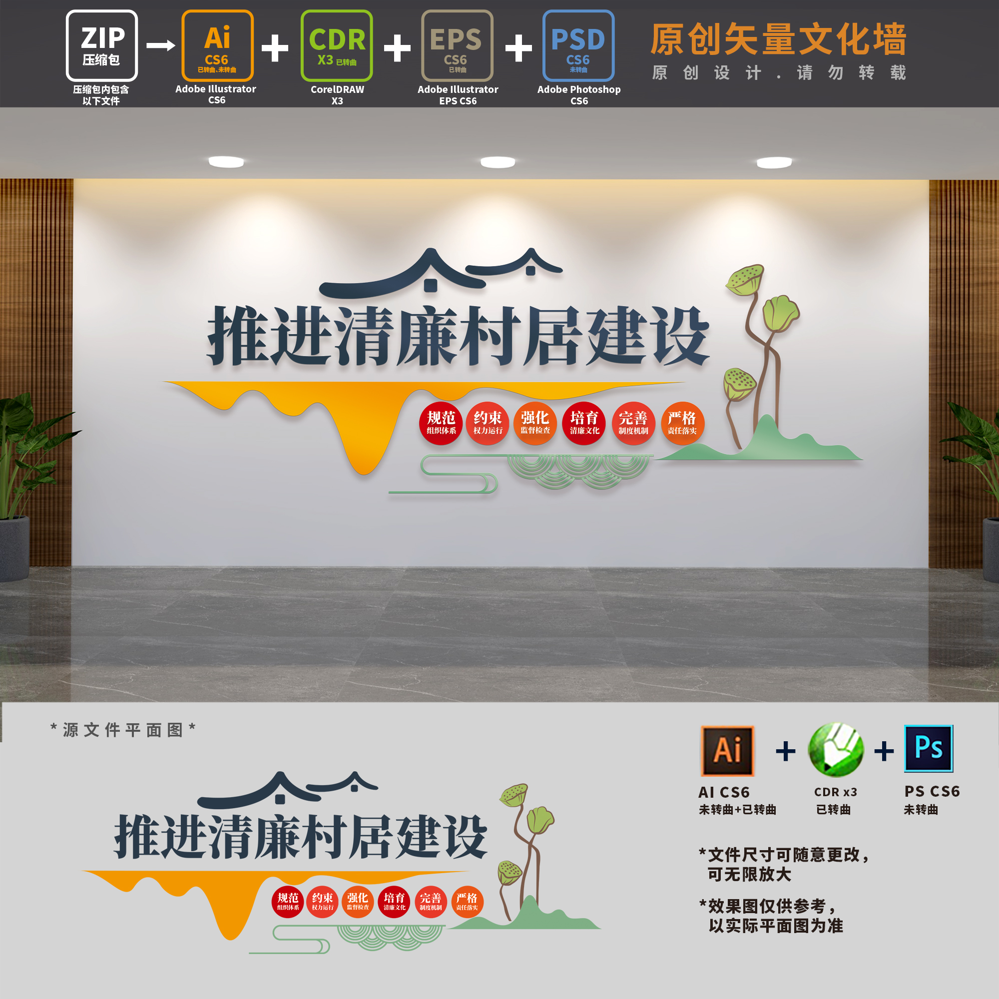 廉洁文化进乡村清廉村居农村建设廉政党建文化墙AI+CDR+PSD设计稿