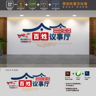 百姓议事厅群众说事室社区乡村居民议事会文化墙AI+CDR+PSD设计稿