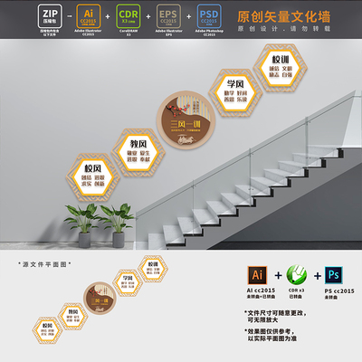 学校三风一训文化墙校园校风校训办学理念楼梯楼道AI+CDR+PSD素材