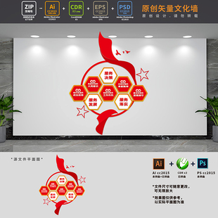 五个坚持三个服务党建文化墙党员党支部背景墙AI+CDR+PSD设计稿