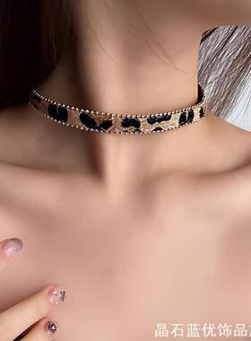 复古辣妹豹纹choker纽扣项圈女