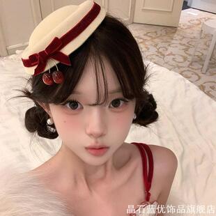 头饰风丝绒圣诞红结发夹圣诞英伦风小礼帽jk少女水手帽女