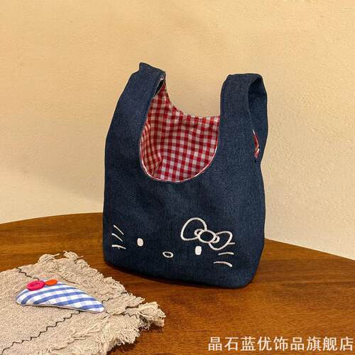 温柔卡通猫刺绣牛仔布艺手工成品