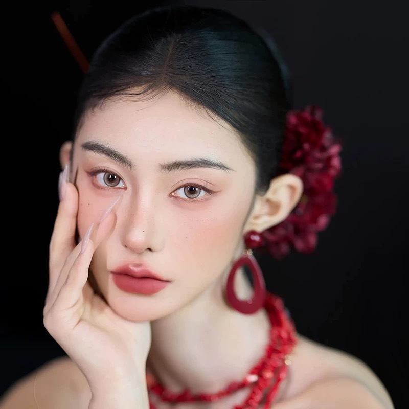 古风发簪女新娘盘发头饰酒红仿真花朵发饰旗袍汉服头花新中式