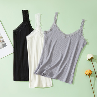 V领蕾丝吊带背心 桑蚕丝天丝混纺简约百搭显瘦遮肉螺纹真丝打底衫