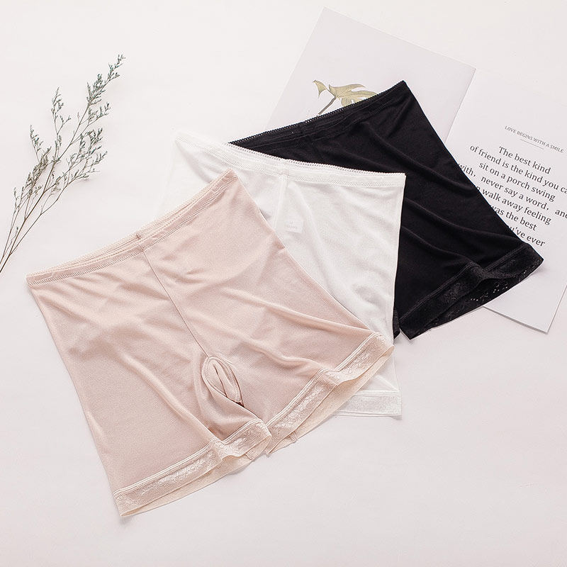 新款真丝中高腰打底裤高档桑蚕丝女蕾丝边加裆部平角安全裤内裤夏