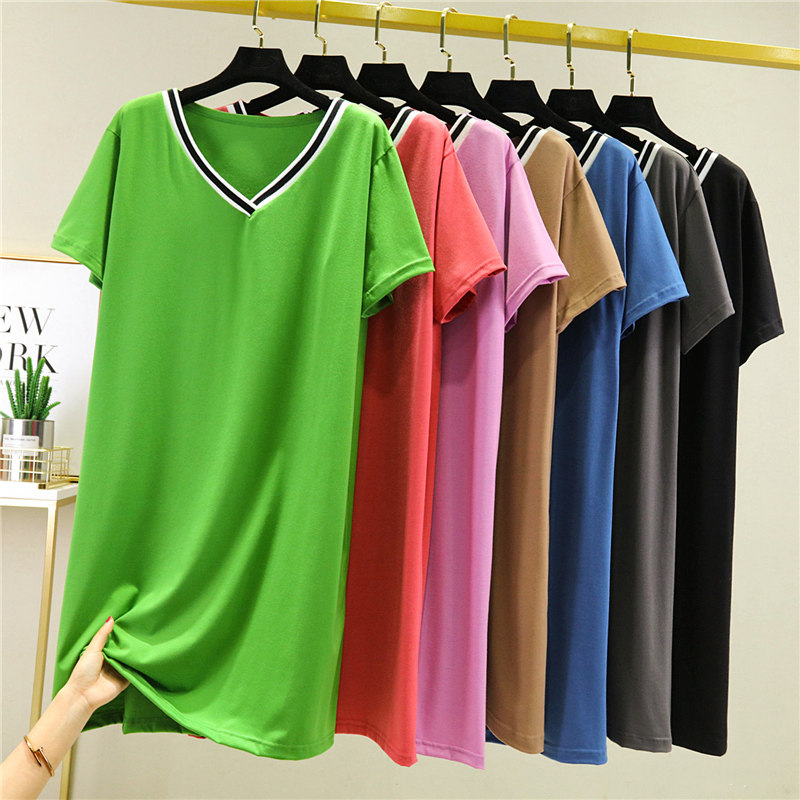 2021韩版莫代尔V领大码连衣裙薄款外穿夏季洋气A字裙薄款显瘦长裙