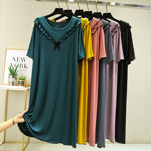 莫代尔连衣裙蕾丝木耳边睡衣休闲家居睡裙 裙子中长款 女夏薄款 短袖