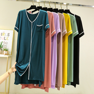 睡衣可外穿宽松遮肉大码 夏季 短袖 莫代尔睡裙女士中长款 家居裙 薄款