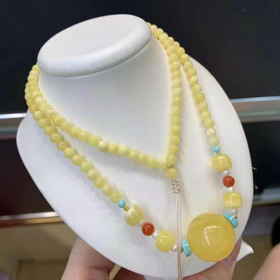 天然俄料蜜蜡白花圆珠锁骨链吊坠项链蜡质饱满搭配白花圆珠配链
