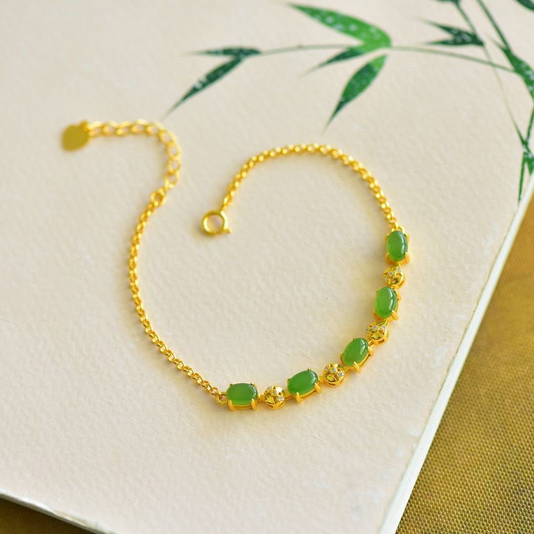 S925银镶和田玉碧玉亮金色蛋面拼镶手链