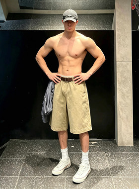 军绿纯棉工装阔腿牛仔六分裤