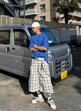 美式高街轻薄格子阔腿七分裤男