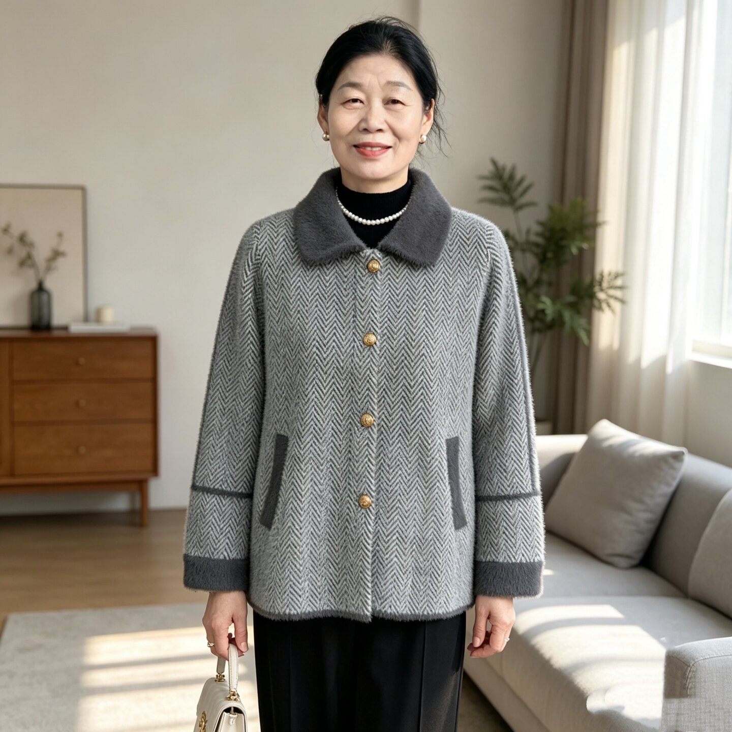 妈妈春秋仿貂绒气质上衣毛呢外套
