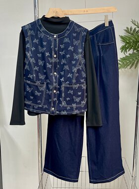 中年妈妈春季牛仔套装休闲三件套