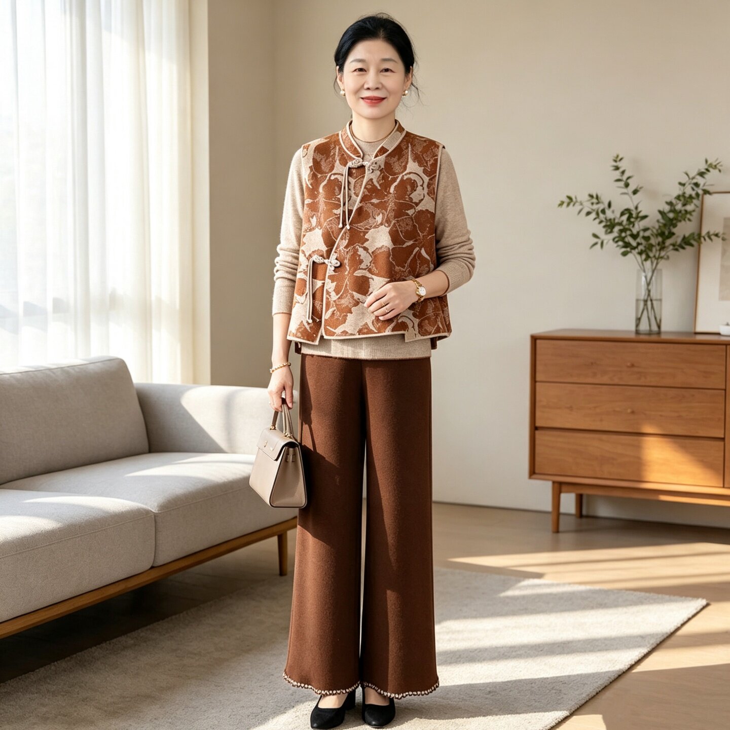 新中式妈妈秋冬国风马甲针织套装