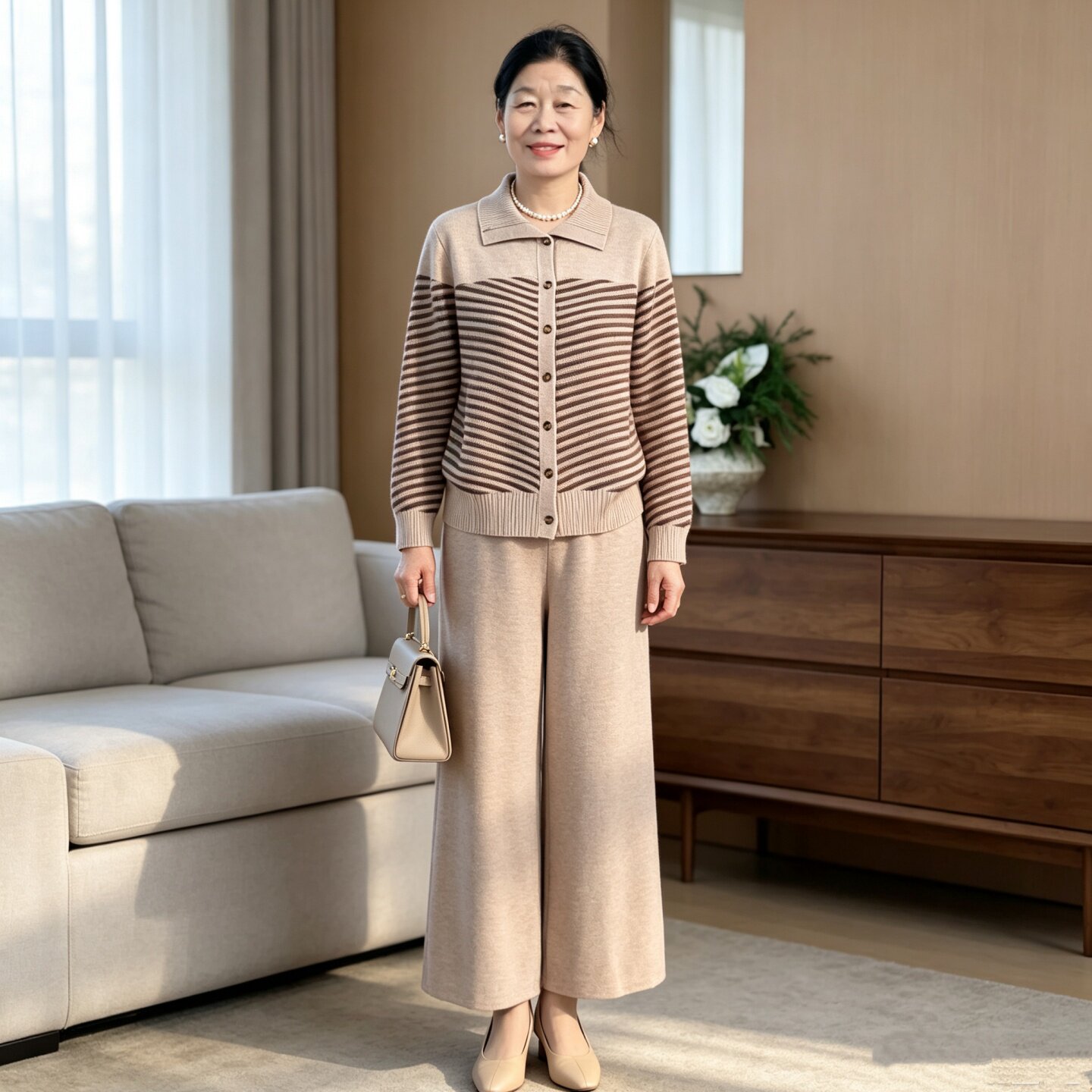 时尚休闲妈妈装翻领条纹毛衣套装