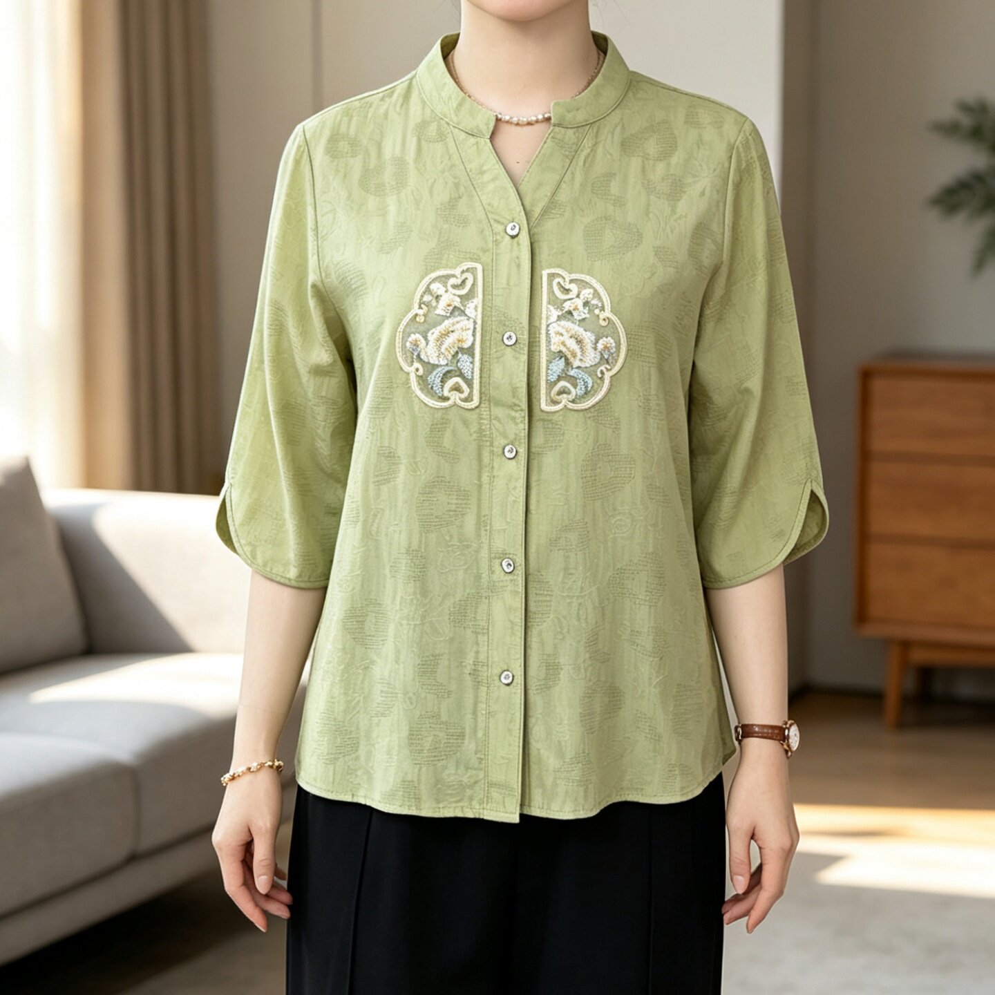 中国风妈妈装棉麻衬衫女七分袖夏