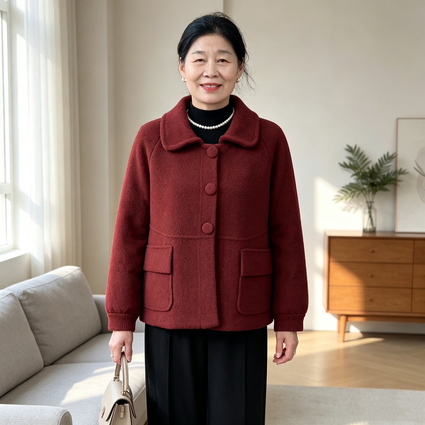 妈妈装秋冬翻领开衫短款毛呢外套